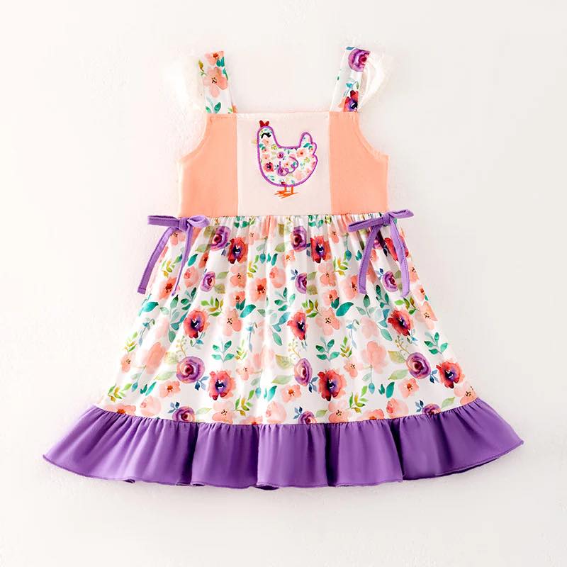 (Custom Design Preorder MOQ 5) Chicken Flowers Print Girls Summer Knee Length Dress