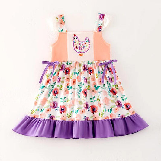 (Custom Design Preorder MOQ 5) Chicken Flowers Print Girls Summer Knee Length Dress