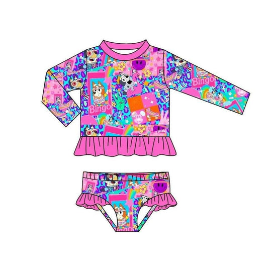 (Custom Design Preorder MOQ 5)  Cartoon Dog Hot Pink Prints Girls Long Sleeve 2 Pieces Swimsuits