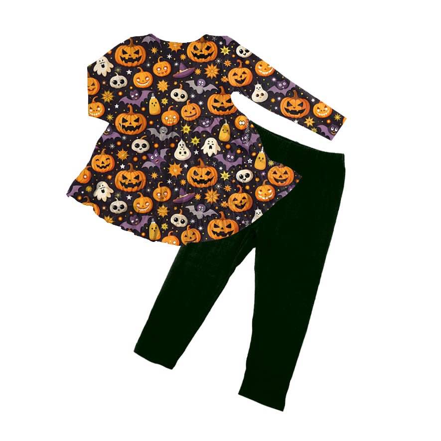 (Custom Design Preorder MOQ 5) Pumpkin Bat Tunic Top Black Pants Girls Halloween Clothes Set