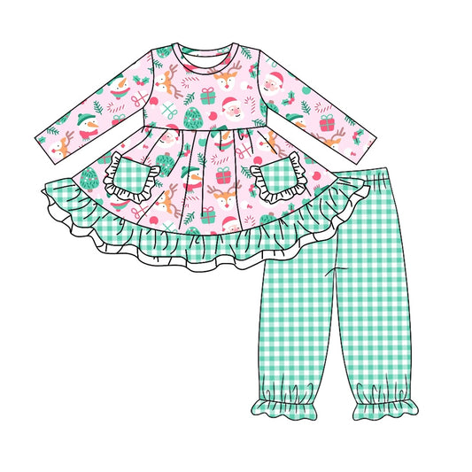 (Custom Design Preorder MOQ 5) Santa Pockets Tunic Top Plaid Pants Girls Christmas Clothes Set