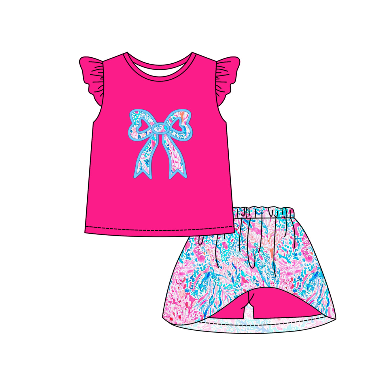 12.9(Custom Design Preorder MOQ 5) Bow Hot Pink Print Flowers Skirts Shorts Girls Summer Clothes Set