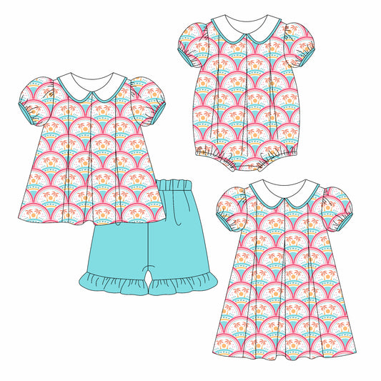 3.10(Custom Design Preorder MOQ 5 Each Design) Coconut Tree Beach Print Girls Summer Matching Clothes Sisters Wear
