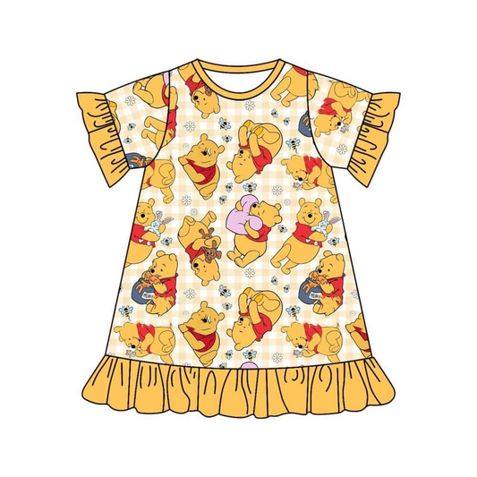 (Custom Design Preorder MOQ 5)  Cartoon Bear Yellow Print Girls Knee Length Dress