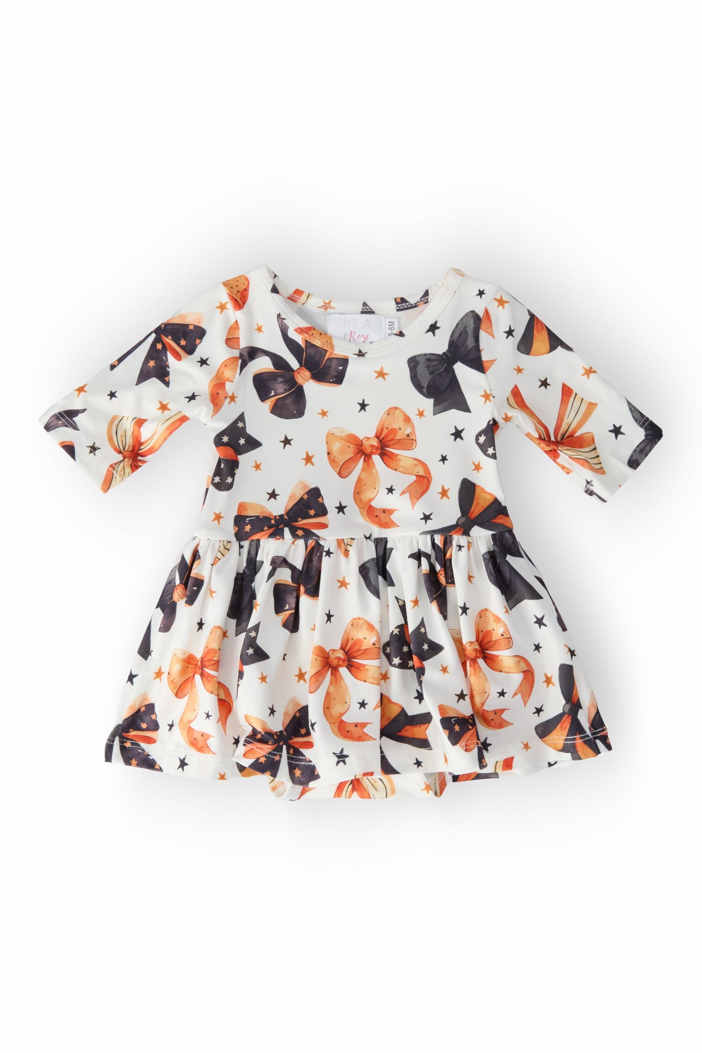 (Custom Design Preorder MOQ 5) Orange Black Bows Print Baby Girls Halloween Skirted Romper