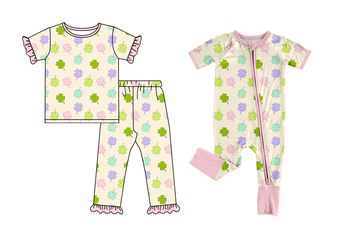 12.8 (Custom Design Preorder MOQ 5 Each Design) Colorful Leaf Print Girls St. Patrick's Day Pajamas Matching Clothes Sisters Wear