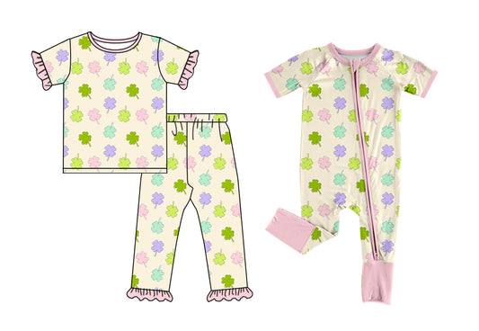12.8 (Custom Design Preorder MOQ 5 Each Design) Colorful Leaf Print Girls St. Patrick's Day Pajamas Matching Clothes Sisters Wear