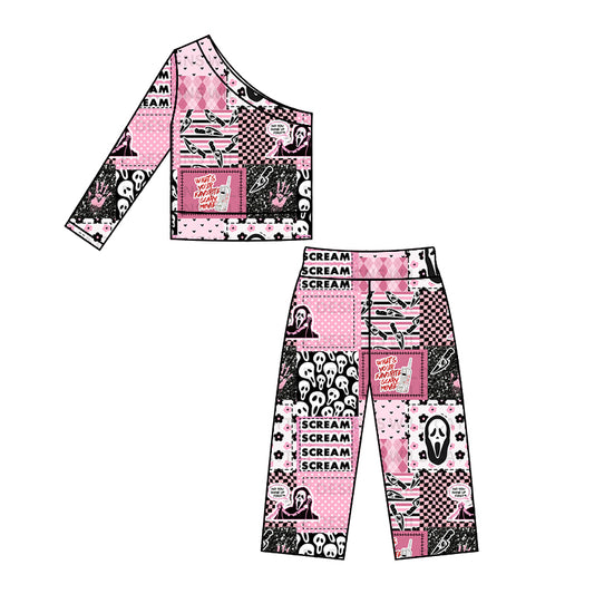 (Custom Design Preorder MOQ 5) Movie Character Call Pink Print Girls Halloween Clothes Set