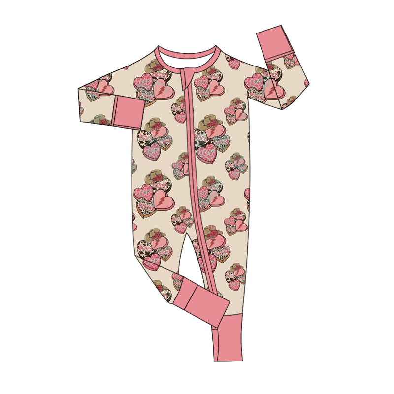 (Custom Design Preorder MOQ 5)  Heart Hat Print Baby Girls Valentine's Day Bamboo Sleeper Zipper Romper