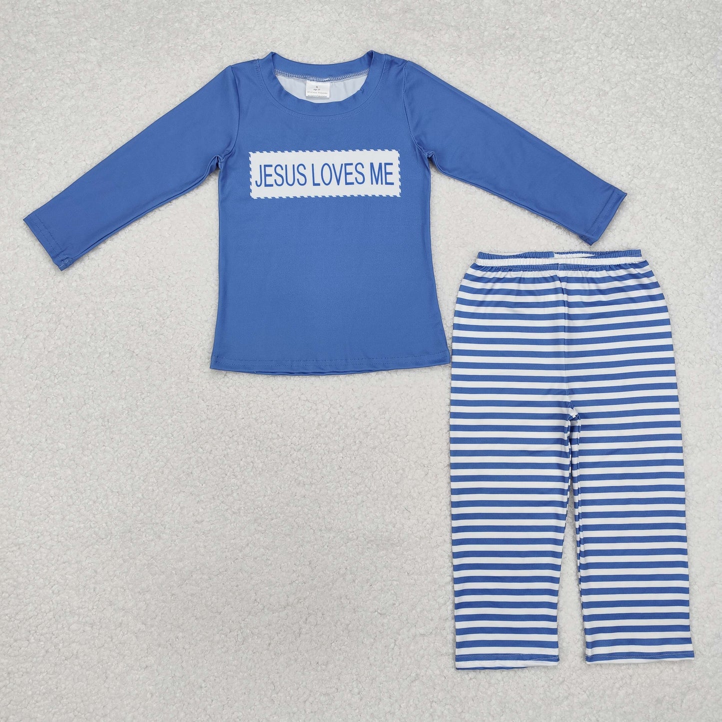 Jesus Loves Me Flowers & Blue Stripes Print Sibling Matching Clothes