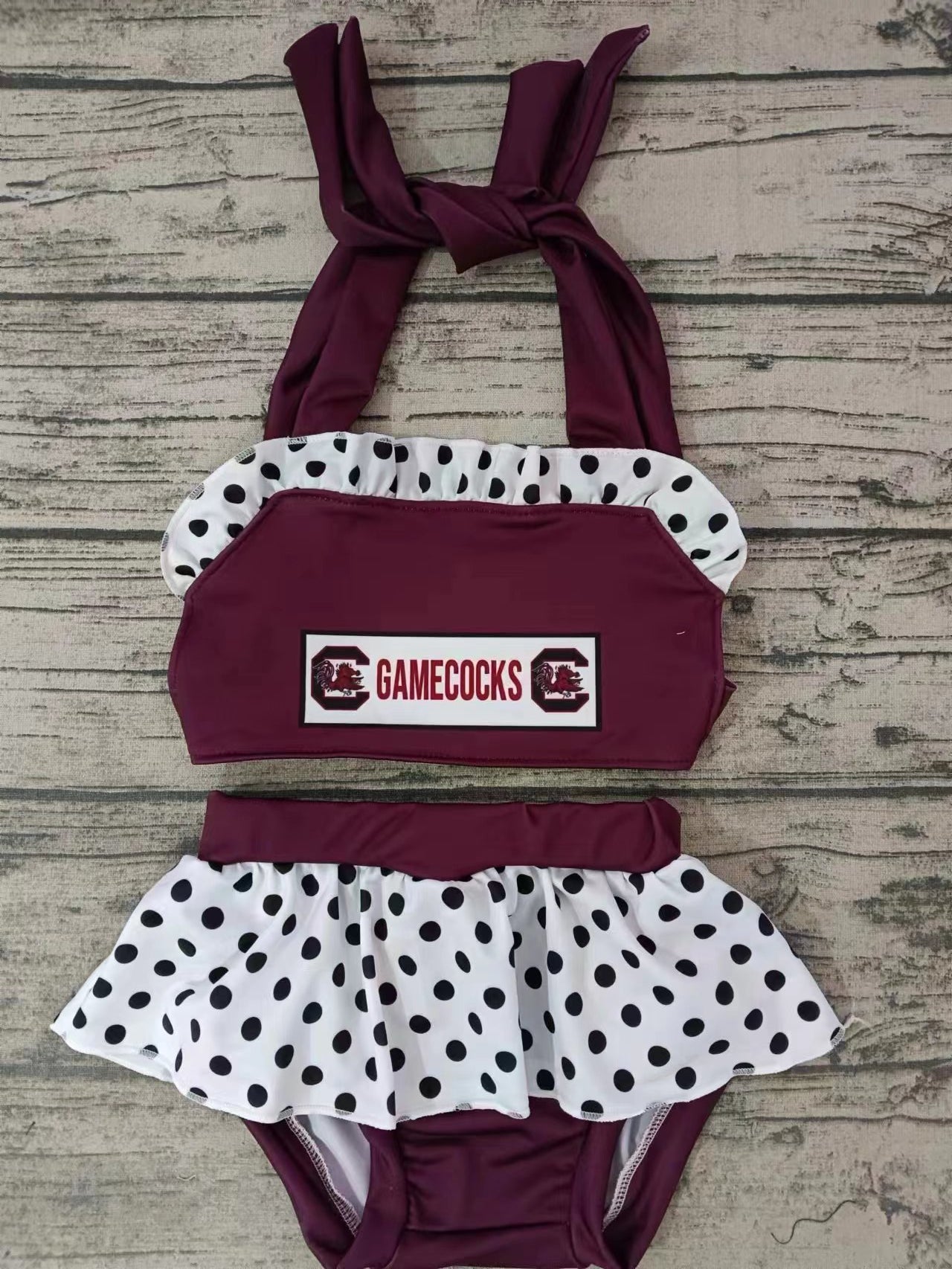 (Custom Design Preorder MOQ 5) Team's G Wine Polka Dot Print Girls 2 Pieces Swimsuits