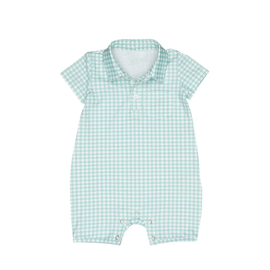 (Custom Design Preorder MOQ 5) Green Plaid Print Baby Boys Romper