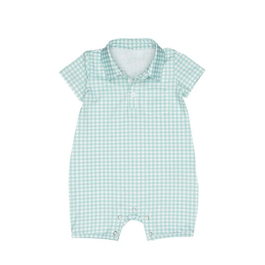 (Custom Design Preorder MOQ 5) Green Plaid Print Baby Boys Romper