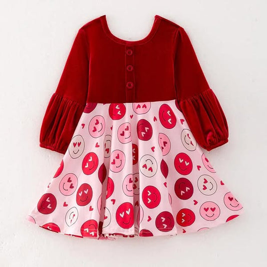 (Custom Design Preorder MOQ 5) Smiling Face Print Girls Valentine's Day Knee Length Velvet  Dress