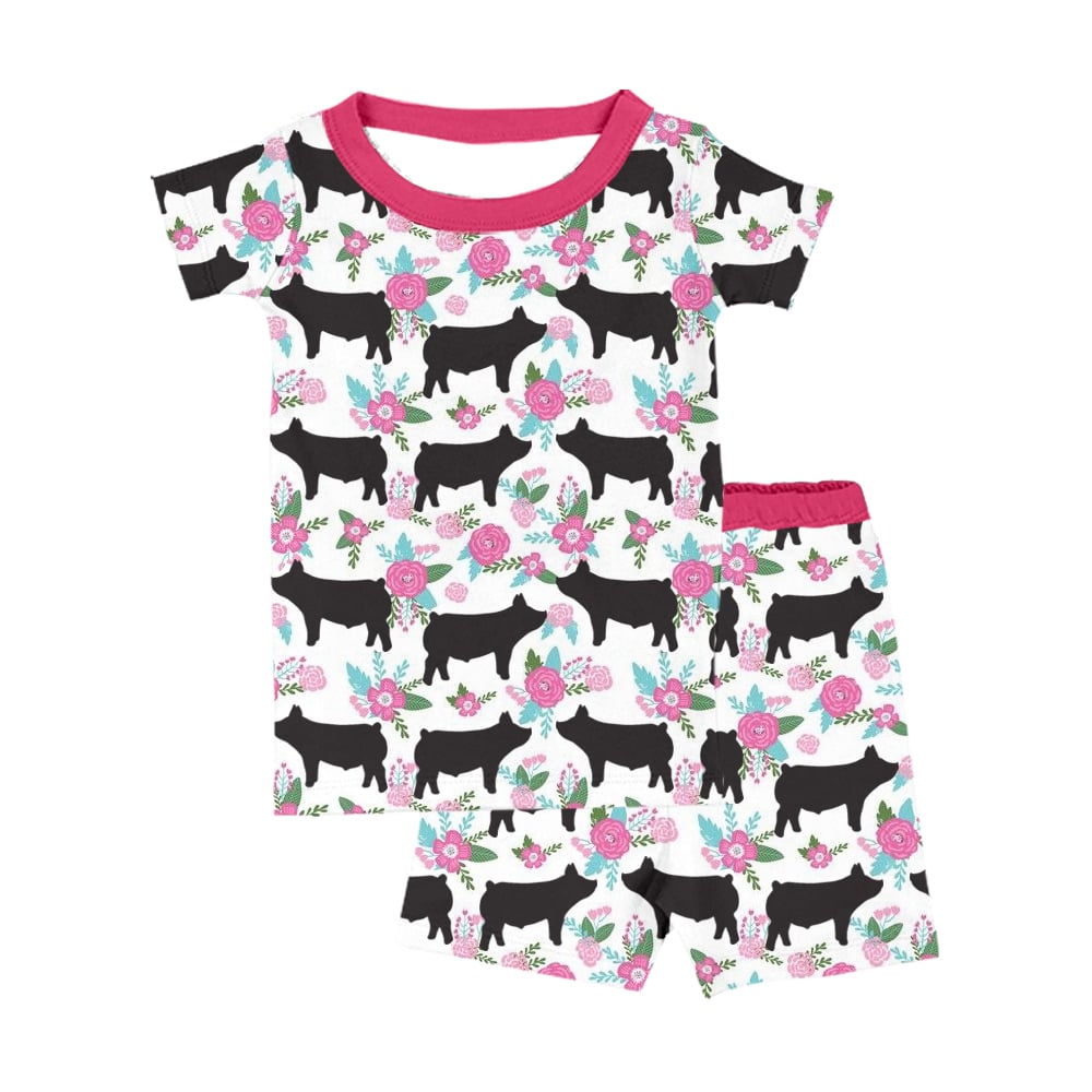 (Custom Design Preorder MOQ 5) Pig Flowers Print Girls Summer Pajamas Clothes Set