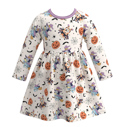 (Custom Design Preorder MOQ 5) Cartoon Dog Pumpkin Print Girls Knee Length Halloween Dress