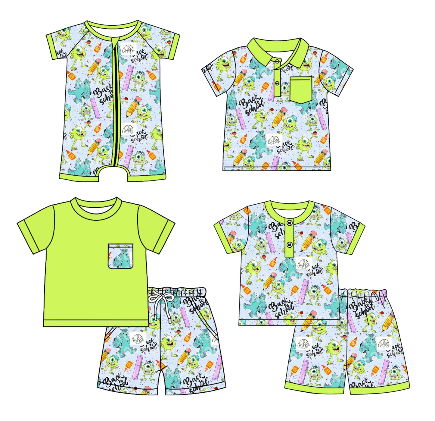2.22(Custom Design Preorder MOQ 5 Each Design)  Cartoon Monster Pen Green Print Boys Back to School Matching Clothes Brothers Wear