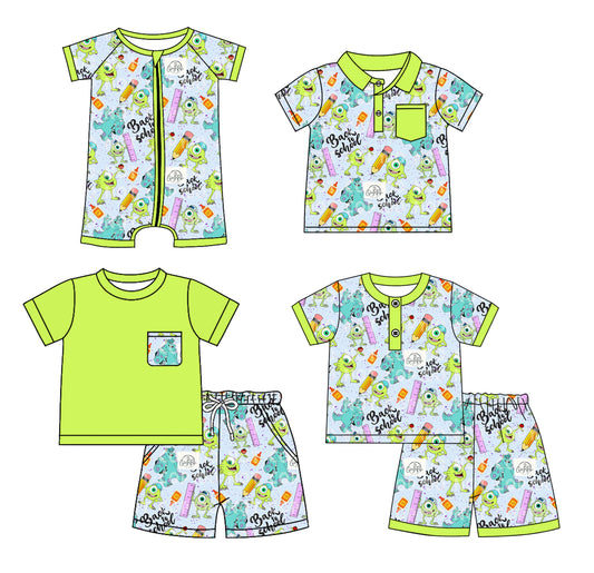 2.22(Custom Design Preorder MOQ 5 Each Design)  Cartoon Monster Pen Green Print Boys Back to School Matching Clothes Brothers Wear