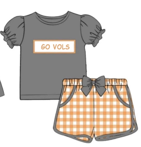 (Custom Design Preorder MOQ 5)  Team's GO VOLS Grey Top Plaid Shorts Girls Clothes Set