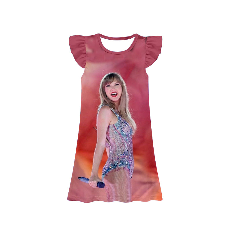 11.23(Custom Design Preorder MOQ 5) Singer Swiftie Pink Print Girls Flutter Sleeve Knee Length Dress