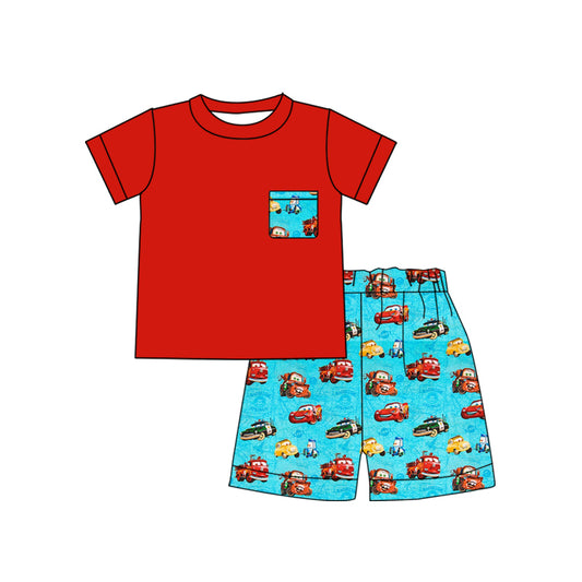 (Custom Design Preorder MOQ 5)  Red Pocket Top Cartoon Cars Shorts Boys Summer Clothes Set