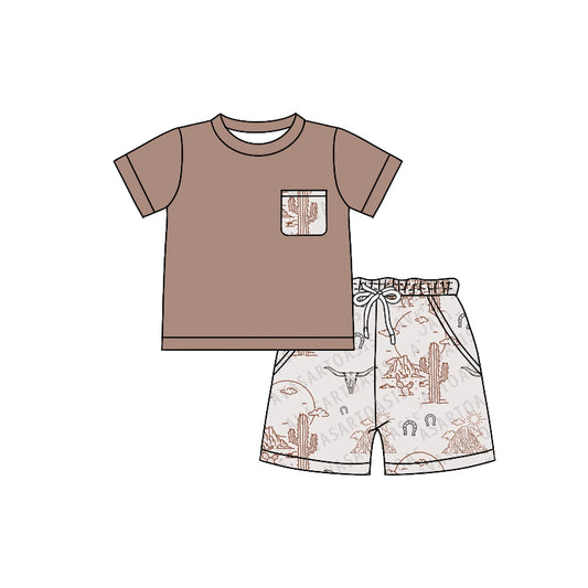 (Custom Design Preorder MOQ 5) Pocket Top Cactus Western Shorts Boys Summer Clothes Set