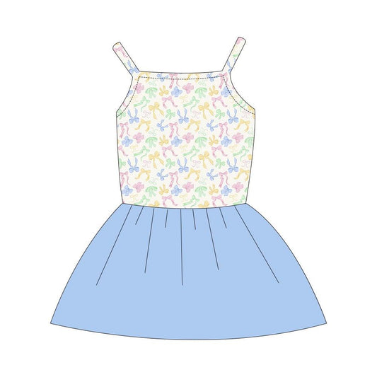 (Custom Design Preorder MOQ 5) Colorful Bows Print Girls Summer Blue Knee Length Dress