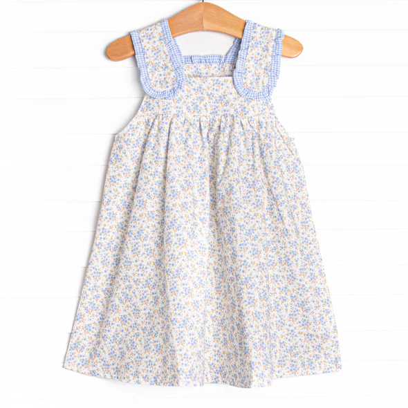 (Custom Design Preorder MOQ 5) Blue Flowers Print Girls Knee Length Summer Dress