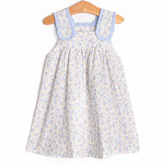 (Custom Design Preorder MOQ 5) Blue Flowers Print Girls Knee Length Summer Dress