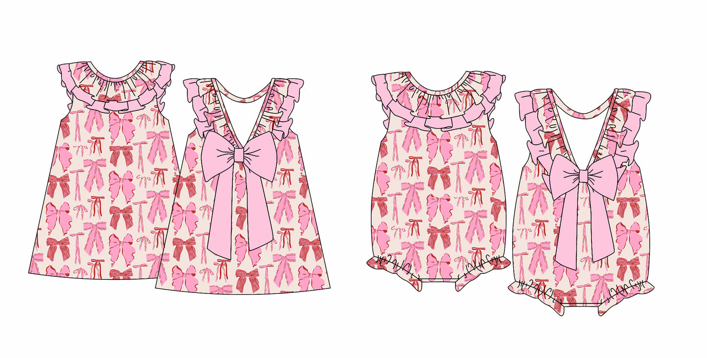 12.14(Custom Design Preorder MOQ 5 Each Design) Pink Bows Print Girls Summer Matching Clothes Sisters Wear