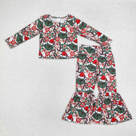 GLP2133 Green Frog Flowers Print Bell Pants Girls Christmas Clothes Set