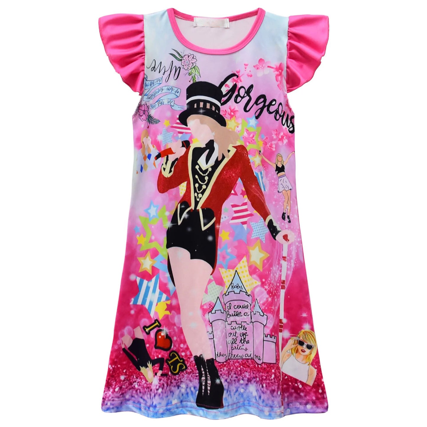 (Custom Design Preorder MOQ 5) Pink Singer Swiftie Stars Print Girls Knee Length Summer Dress