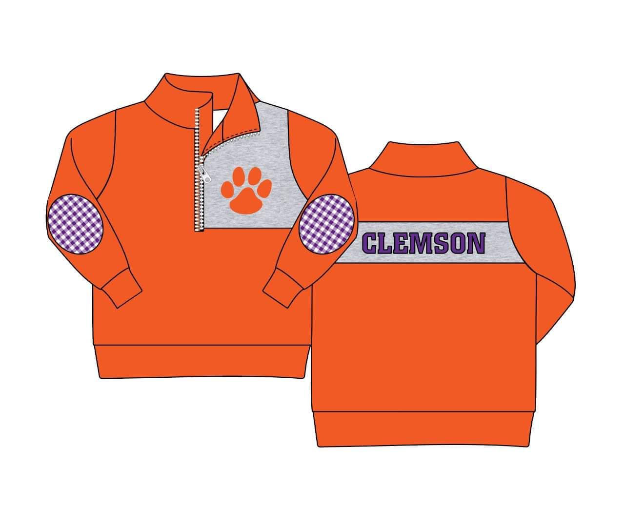 (Custom Design Preorder MOQ 5) Team's Orange CLEMSON Print Boys Long Sleeve Zipper Pullover Top