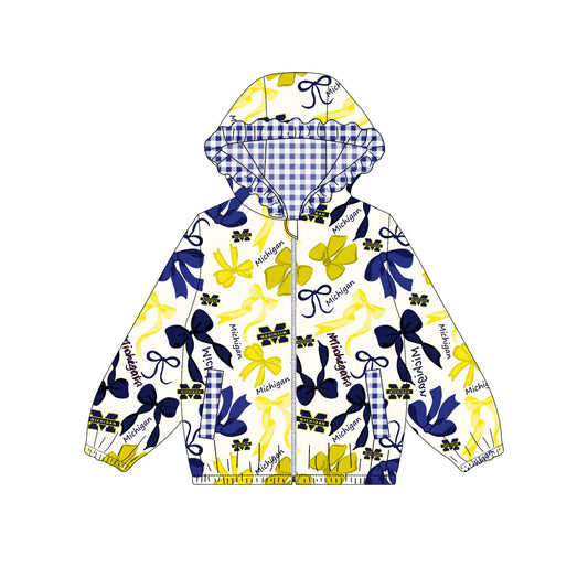 (Custom Design Preorder MOQ 5) Team's MICHIGAN Bows Print Pockets Girls Long Sleeve Zipper Jackets Top