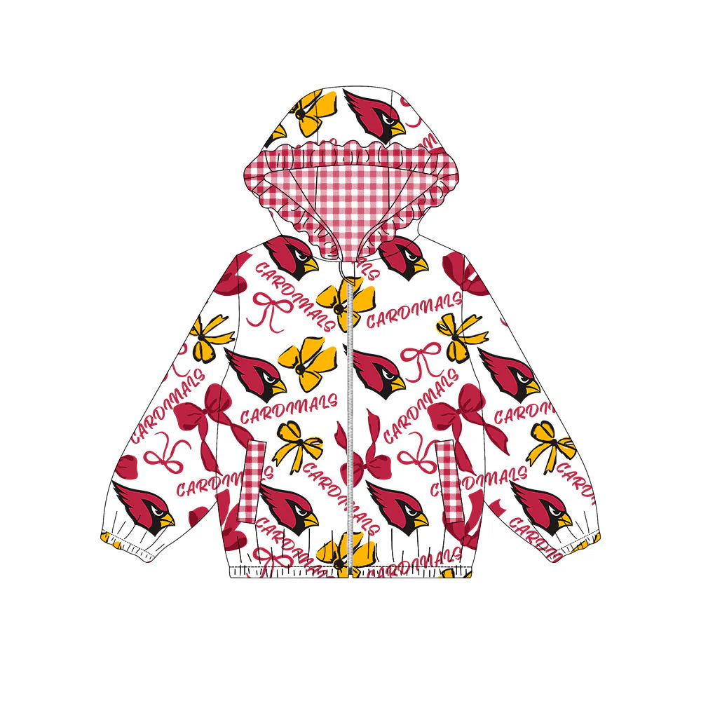 (Custom Design Preorder MOQ 5) Cardinals Bows Print Pockets Girls Long Sleeve Zipper Jackets Top