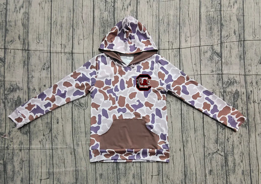 (Custom Design Preorder MOQ 5 Each Item) Team's Gamecock Purple Brown Camo Print Kids Fall Zipper Hoodie Top Mom and Me Matching Clothes