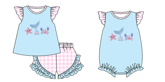 12.4 (Custom Design Preorder MOQ 5 Each Design) Starfish Mermaid Crab Pink Print Girls Summer Matching Clothes Sisters Wear