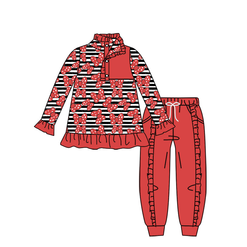 11.16(Custom Design Preorder MOQ 5) Cartoon Mouse Bows Pullover Top Red Pants Girls Fall Clothes Set