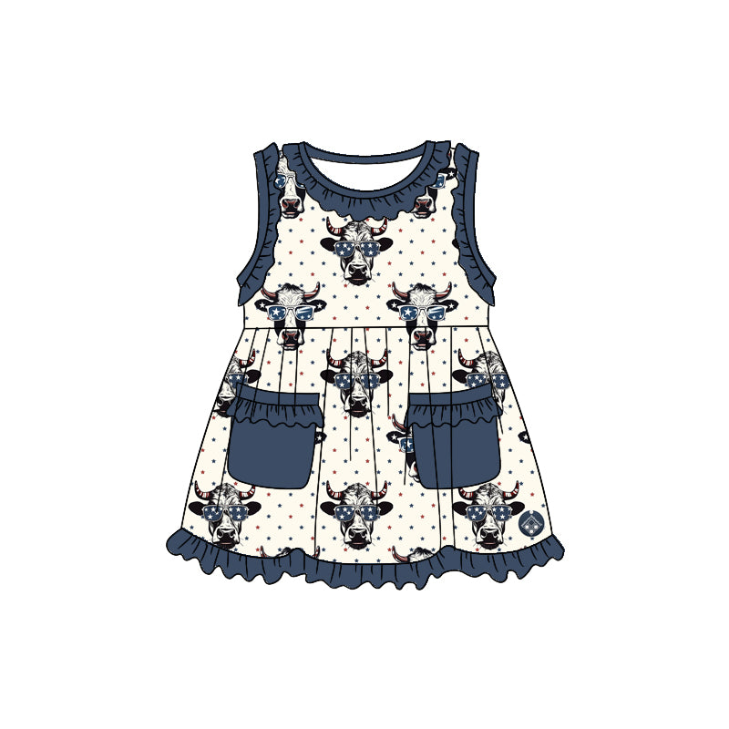 (Custom Design Preorder MOQ 5) Highland Cow Stars Print Girls Knee Length 4th of July Western Dress