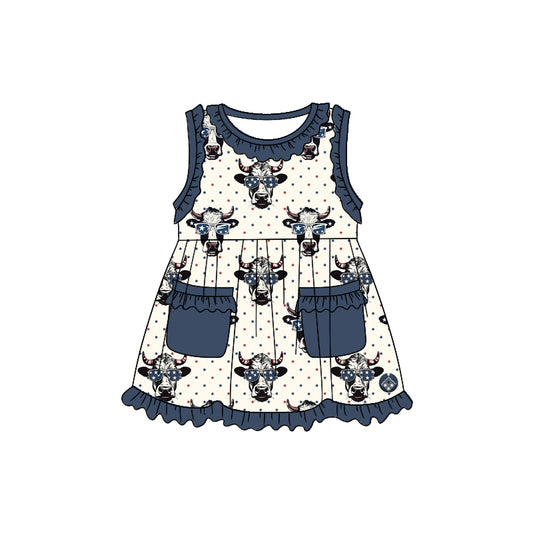 (Custom Design Preorder MOQ 5) Highland Cow Stars Print Girls Knee Length 4th of July Western Dress
