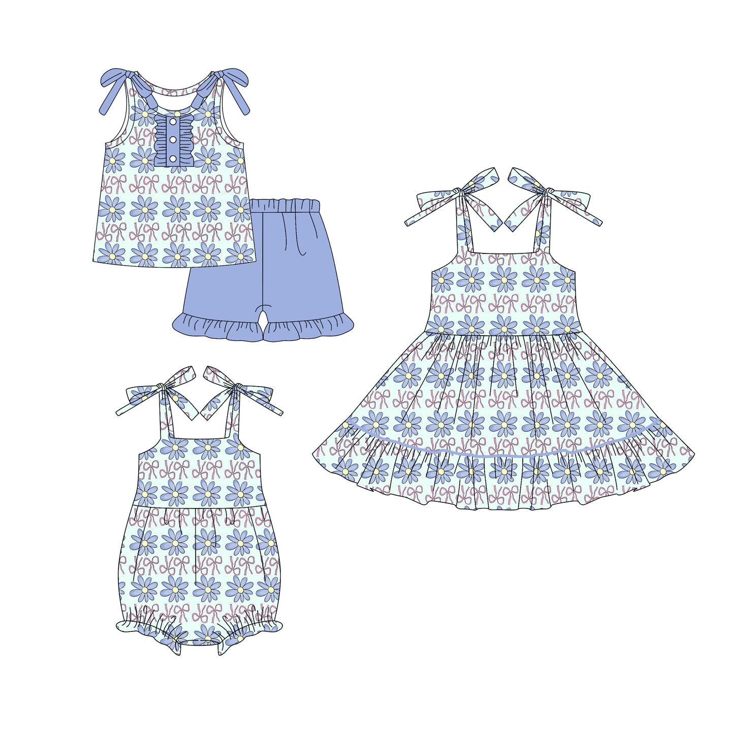 5.23(Custom Design Preorder MOQ 5 Each Design) Blue Flowers Bows Print Girls Summer Matching Clothes Sisters Wear