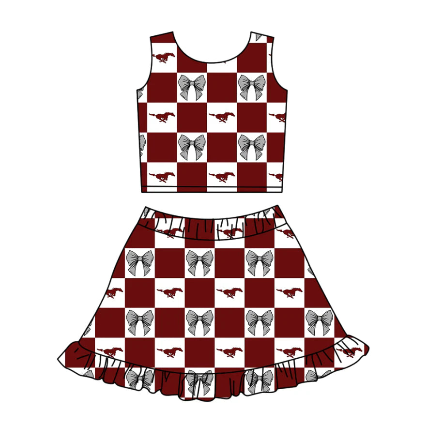(Custom Design Preorder MOQ 5 Each Color) Team's Perryville Mustangs Bows Plaid Print Girls Summer Clothes Sisters Matching Wear