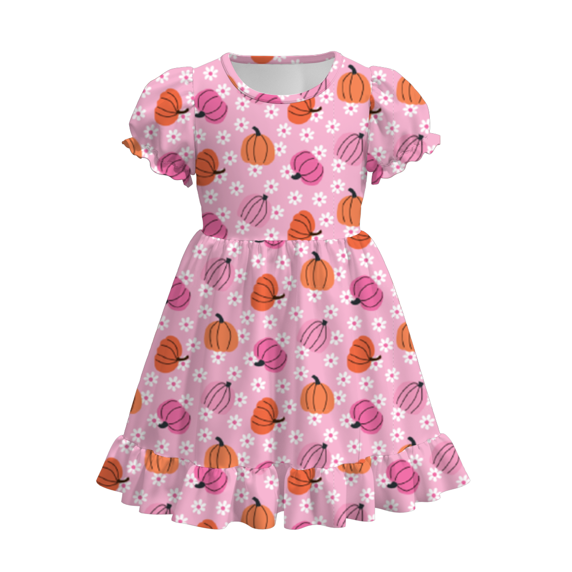 (Custom Design Preorder MOQ 5) Pumpkin Flowers Pink Print Girls Knee Length Fall Dress