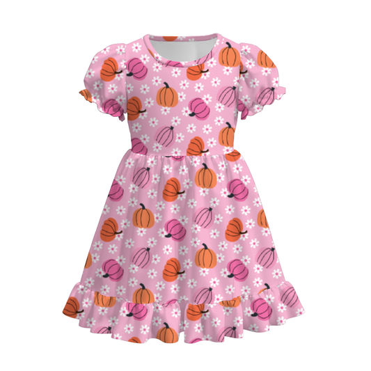 (Custom Design Preorder MOQ 5) Pumpkin Flowers Pink Print Girls Knee Length Fall Dress