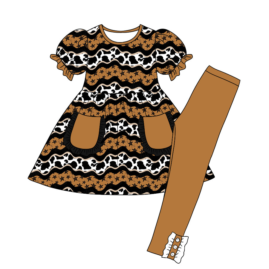 (Custom Design Preorder MOQ 5) Cow Print Pockets Tunic Top Brown Legging Pants Girls Clothes Set