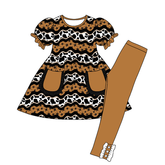 (Custom Design Preorder MOQ 5) Cow Print Pockets Tunic Top Brown Legging Pants Girls Clothes Set