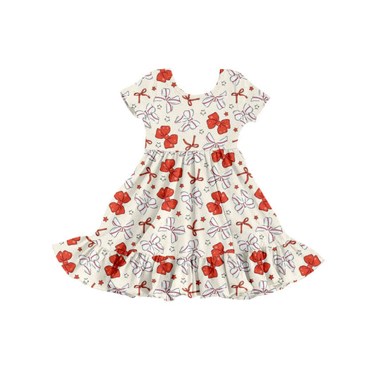 (Custom Design Preorder MOQ 5 ) Baseball Red Bows Girls Knee Length Dress