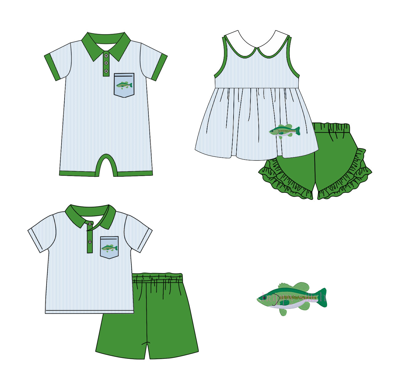 11.22(Custom Design Preorder MOQ 5 Each Design) Fish Stripes Print Kids Summer Matching Clothes Sibling Wear