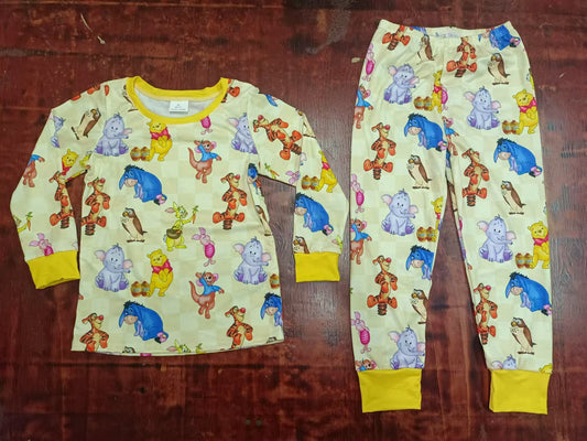 (Custom Design Preorder MOQ 5) Cartoon Animals Yellow Print Girls Fall Pajamas Clothes Set