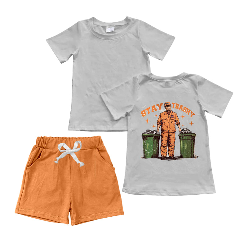 (Custom Design Preorder MOQ 5 ) Trump Top Orange Shorts Kids Summer Clothes Set